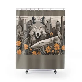 Art Deco Urban Wolf Shower Curtain, Taupe accent color - Transform Your Bathroom, 71" x 74"